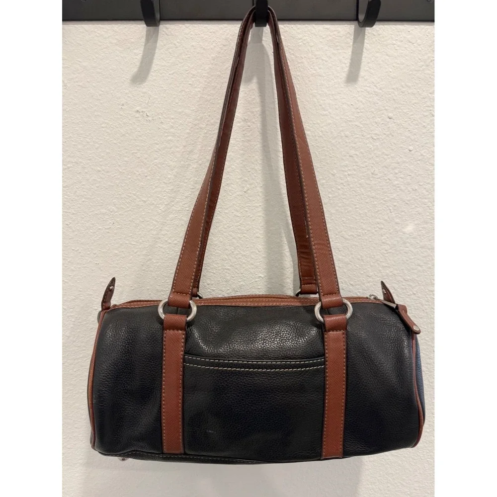 VTG Tignanello Leather BLACK & BROWN Color Block Shoulder Barrel Bag Purse